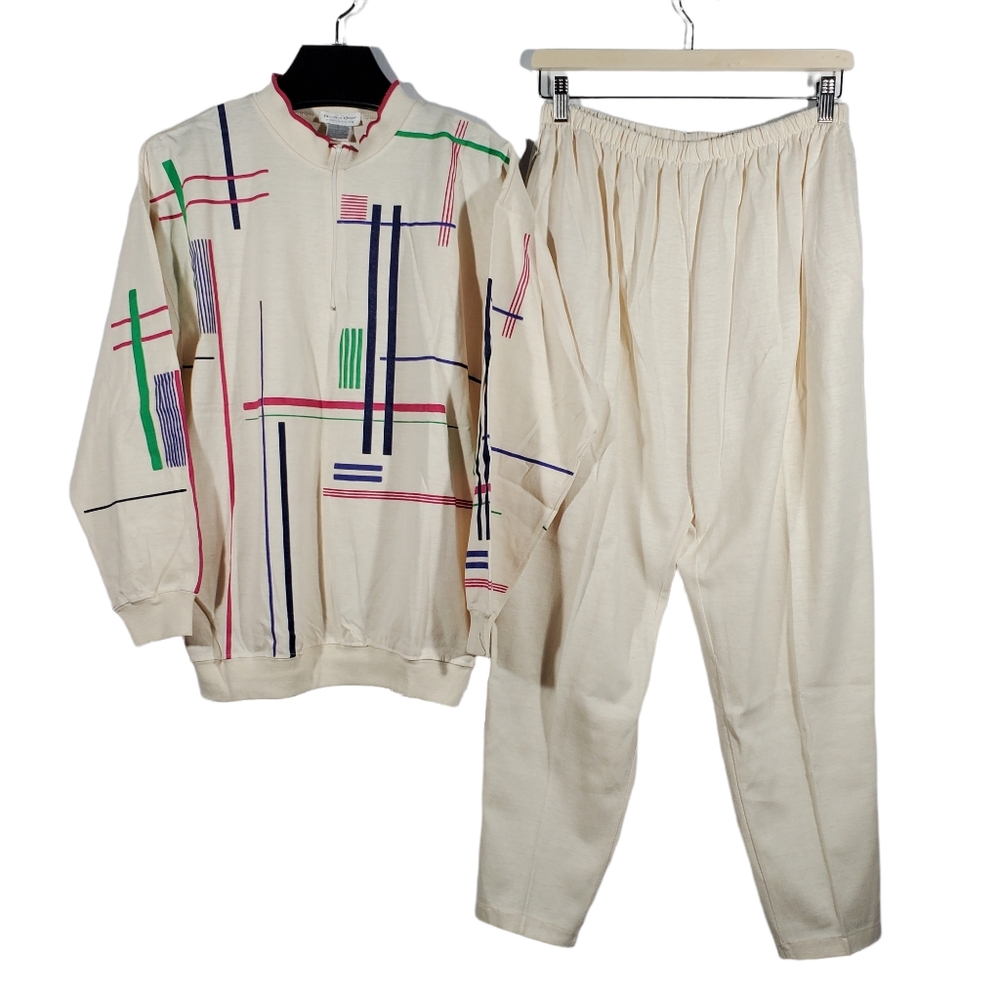 VTG Roberto Orsini 2pc Pant Set Sweatsuit Cream Puff Paint Abstract Wearable Art